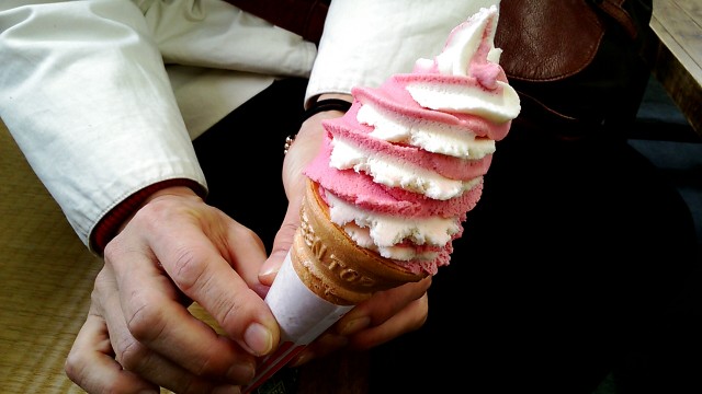 国宝犬山城の甘味処で苺ミックスのソフトクリーム